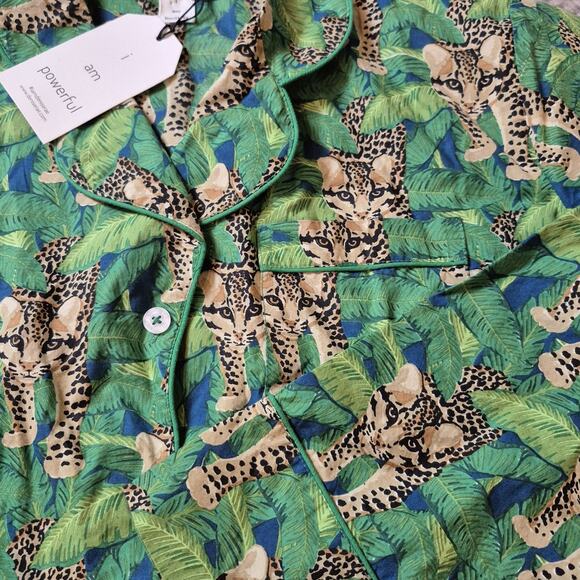 Denise Rae Organic Cotton Poplin Women Large Pajama Set Green Leopard Wild Free - Picture 13 of 13